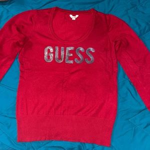 G by Guess Silver Sequined Red Scoop Neck Sweater XL (Like New)